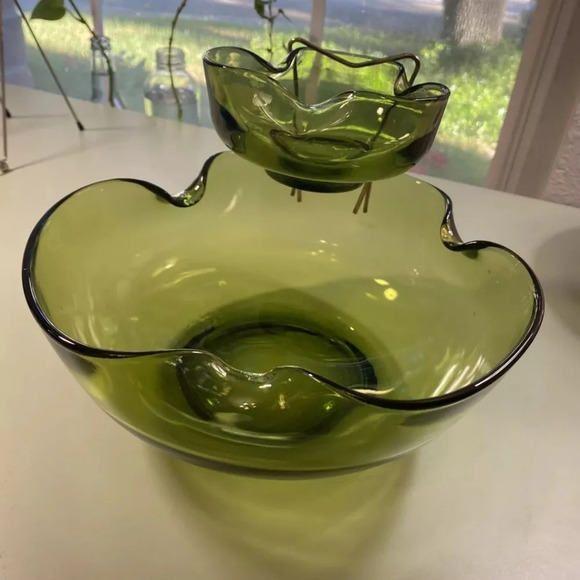 Vintage Anchor Hocking NOS Avocado green chip & dip bowl w/ clip. Original box - Picture 3 of 8